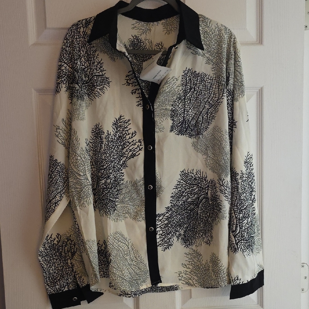 Coral Print Button-Up Shirt with Black Accents